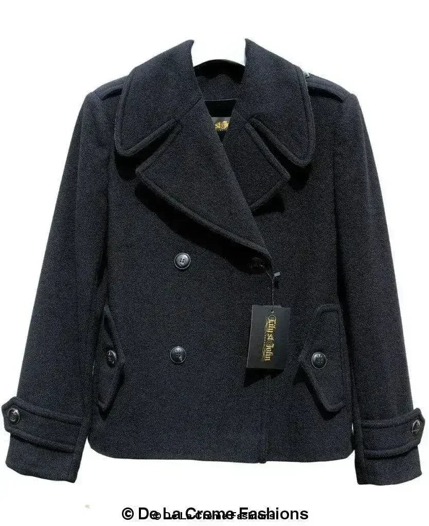 Femstylo Harris Tweed pea coat in black, tailored wool and cashmere blend with contrast details, stylish jacket for women.