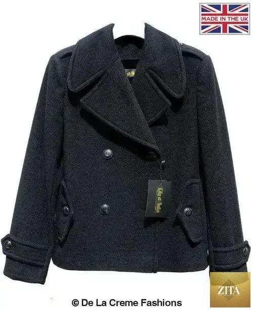 Femstylo Harris Tweed pea coat in black, tailored wool-cashmere blend with contrast details, stylish jackets and coats for women.