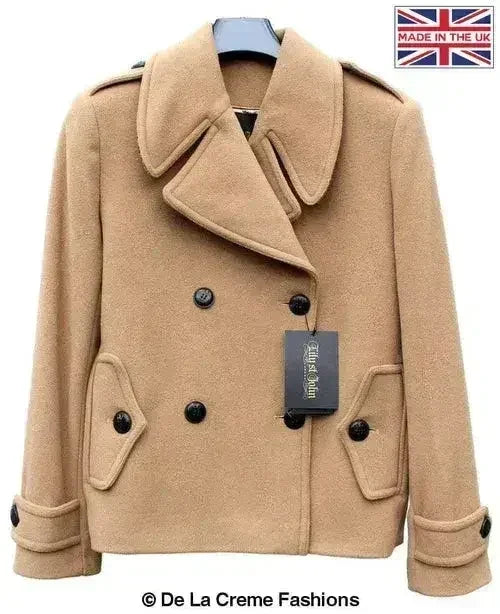 Femstylo Harris Tweed pea coat in camel, tailored wool and cashmere blend, with contrast details, stylish women's jacket.