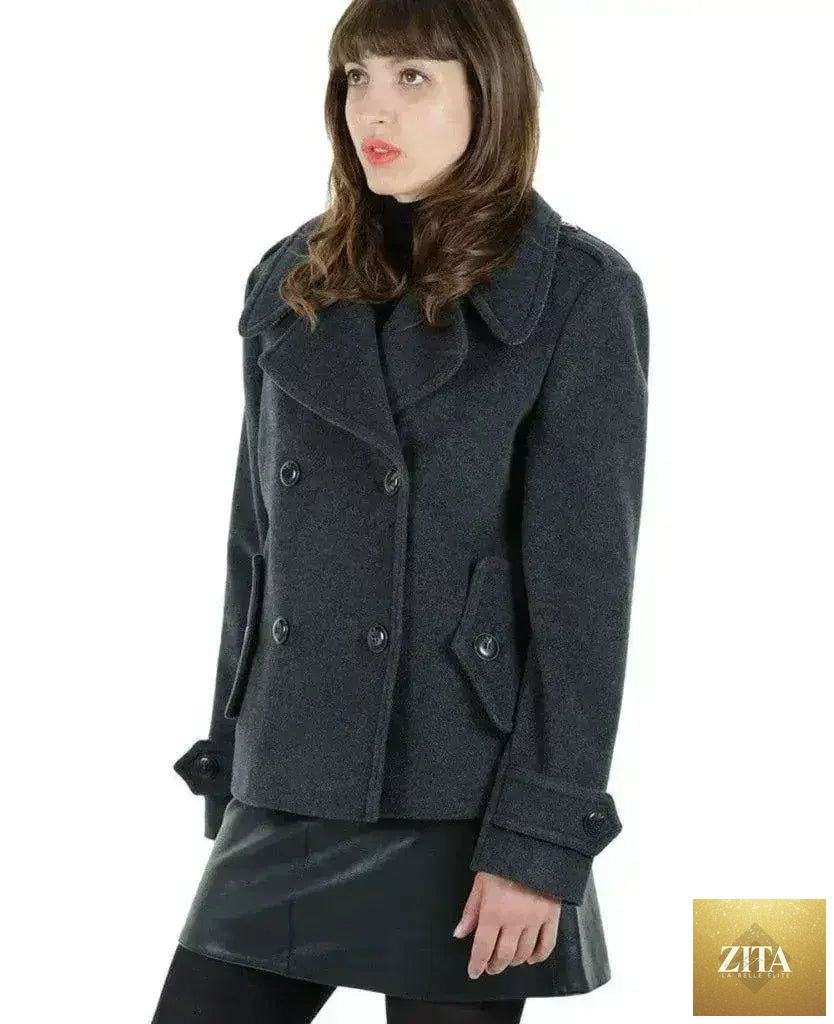 Femstylo Harris Tweed pea coat in grey with wool and cashmere blend, tailored short jacket with contrast details, UK size 8.