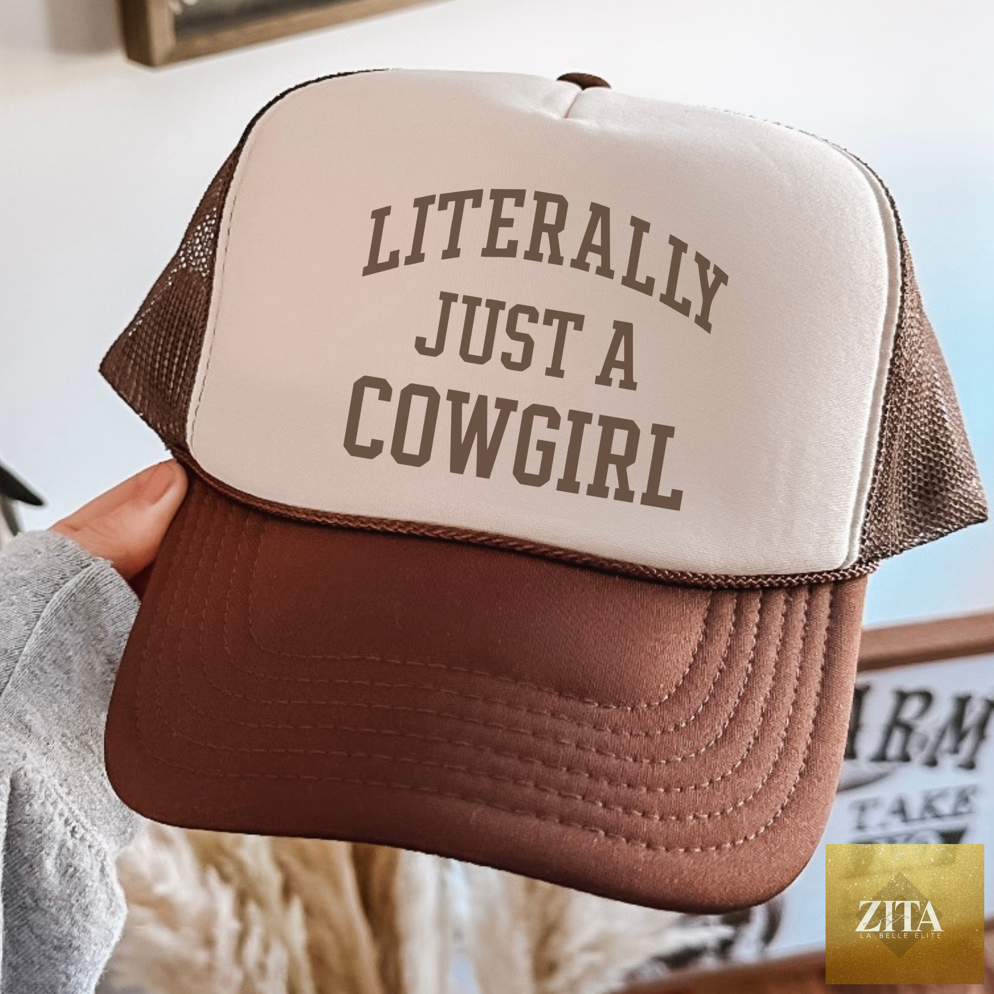 Tan and brown cowgirl trucker hat with foam front panel, featuring western cowgirl style and casual, rugged design.