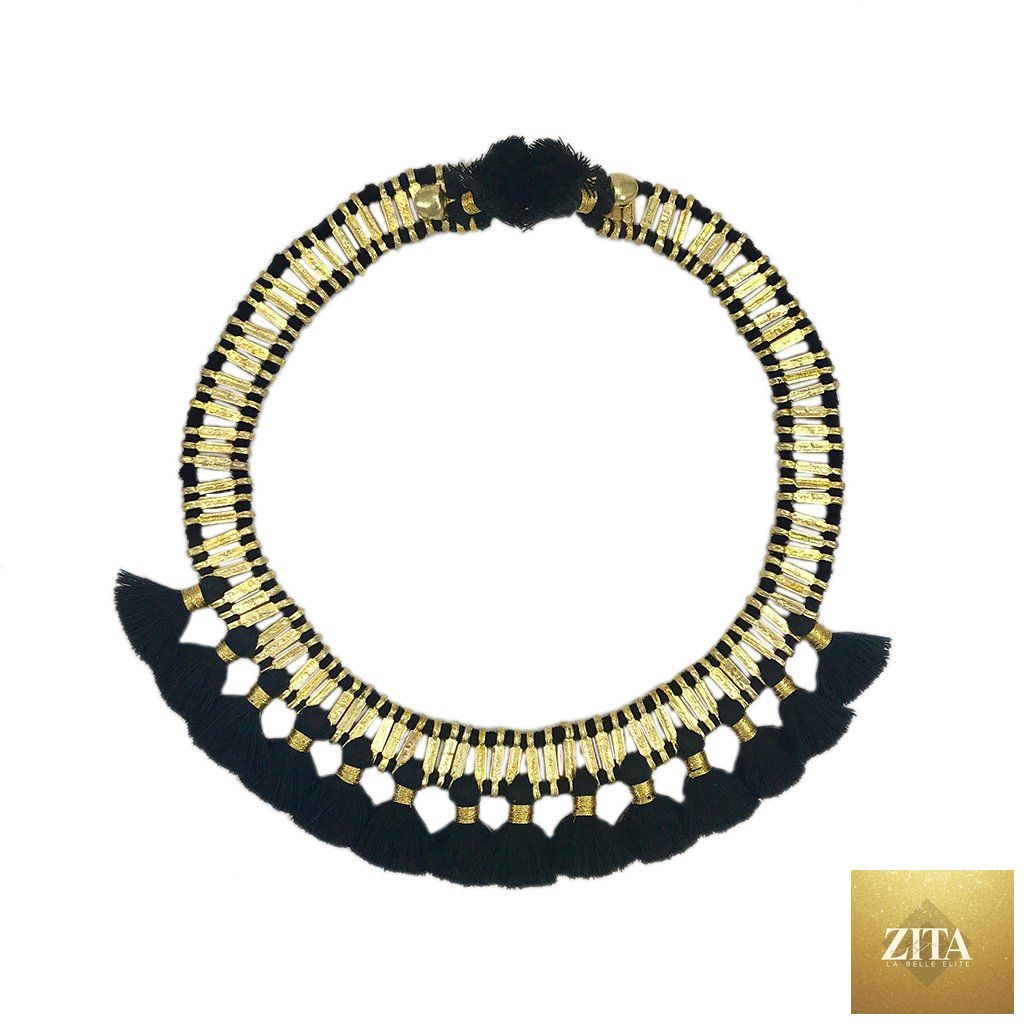 Boho statement tassel collar necklace with cotton tassels, temple-inspired design, handcrafted by BandsCo Straps.