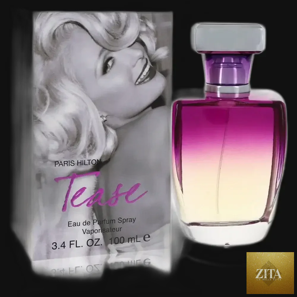 Tease by Paris Hilton perfume for women in a 3.4 oz eau de parfum spray bottle, featuring a sleek, elegant design.