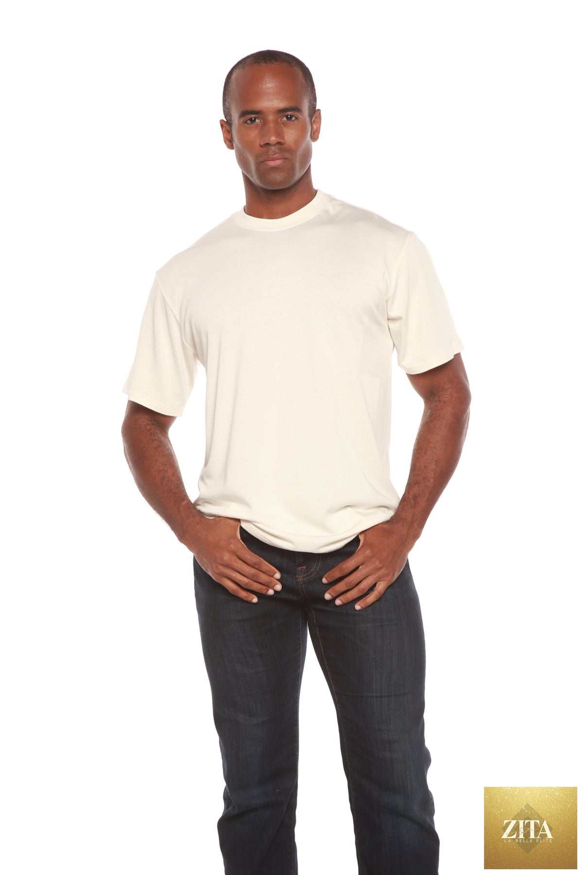 Men's Spun Bamboo short sleeve T-shirt in bamboo viscose and organic cotton with a classic cut, shown in a natural relaxed fit.