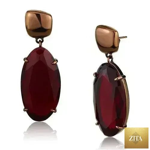 Femstylo TK2818 IP coffee light stainless steel earrings with Siam glass drop, elegant jewelry featuring a sleek design and shimmering accents.