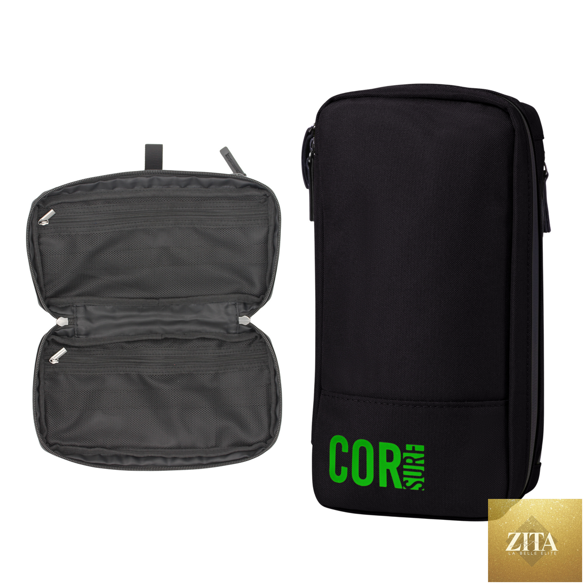 Black COR Surf compact toiletry travel bag with multiple compartments for organizing personal accessories.