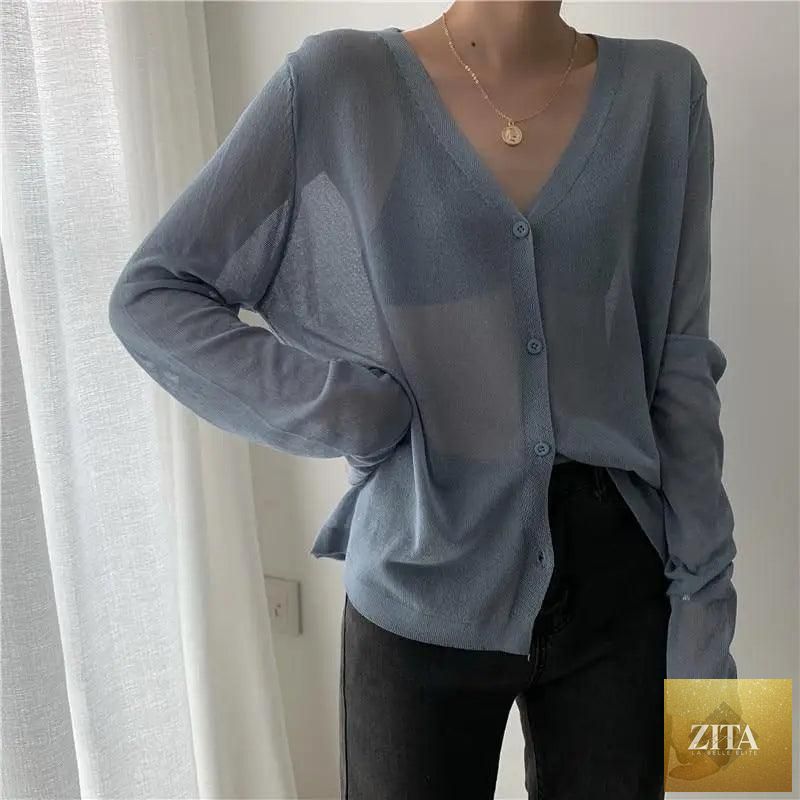 Stevvex women's long sleeve cropped knitted cardigan with V-neck, lightweight summer sweater, perfect for layering and sun protection.