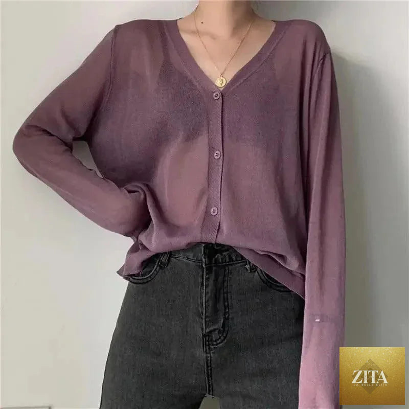 Stevvex women's long sleeve knitted cropped cardigan with V-neck, lightweight summer sweater, perfect as a sunscreen top.