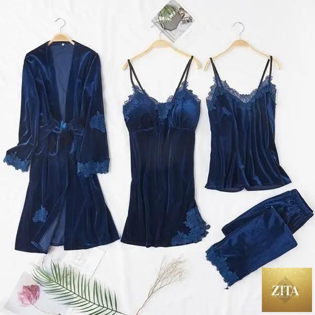 Women’s four-piece winter pajamas set with lace robe, sleeveless nightwear, satin sleepwear, and matching pants from Stevvex.