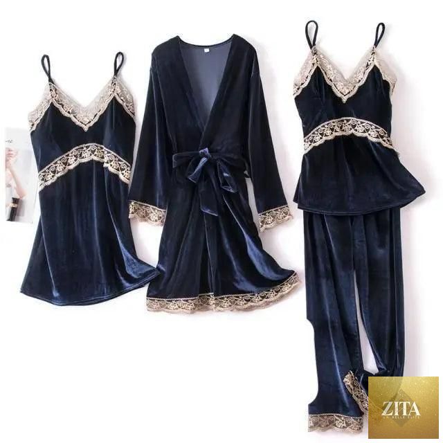 Stylish four-piece women's winter pajamas set with lace robe, satin sleepwear, nightgown, and pants, comfortable loungewear by Stevvex.