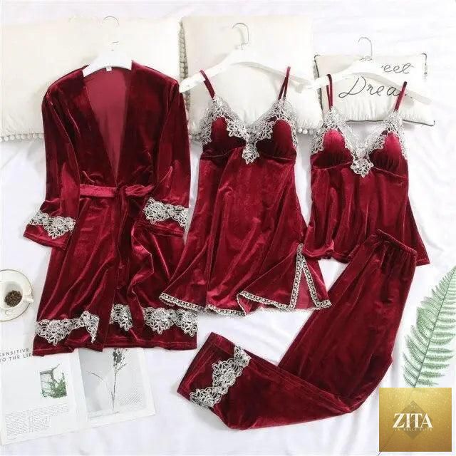 Stylish four-piece women's winter pajamas set with lace robe, sleeveless nightwear, satin sleepwear, and comfortable loungewear.