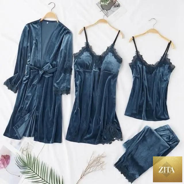 Stevvex women's four-piece winter pajamas set with lace robe, sleeveless nightwear, satin sleepwear, and matching pants.