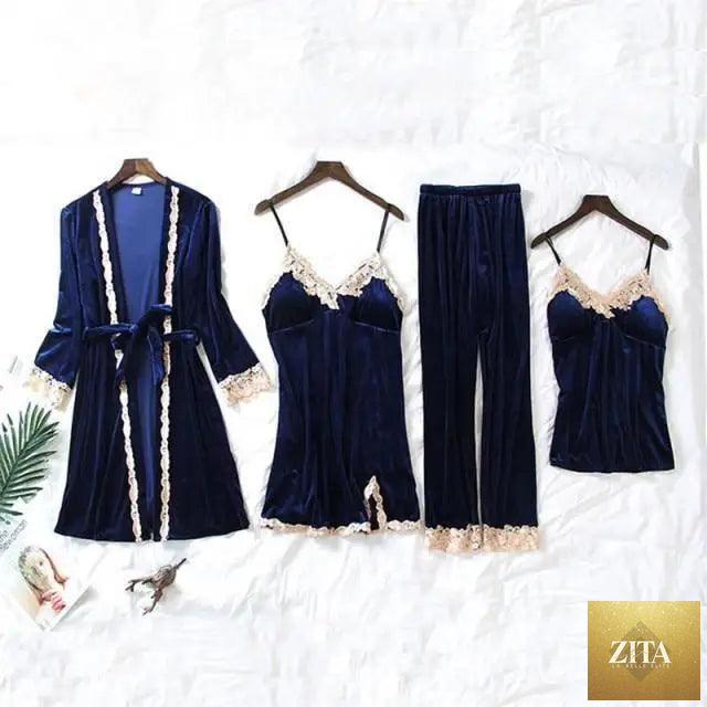 Women's Stevvex four-piece winter pajamas set with satin sleepwear, lace robe, sleeveless nightgown, and comfortable pants.