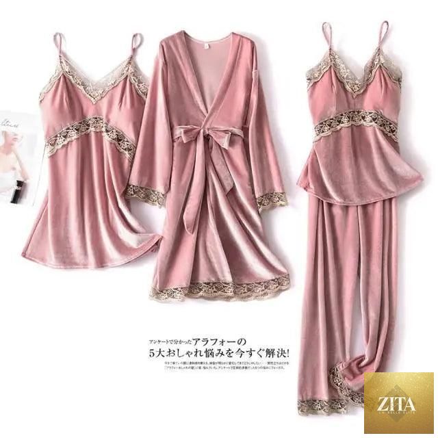 Women's Stevvex four-piece winter pajamas set with lace robe, sleeveless nightgown, pants, and satin loungewear for elegant comfort.