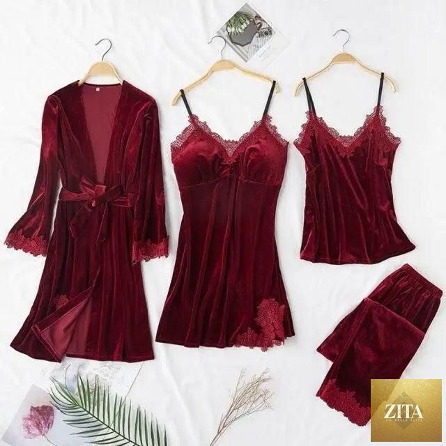 Stylish four-piece women's winter pajamas set with lace robe, sleeveless nightgown, satin sleepwear, and comfortable pants.