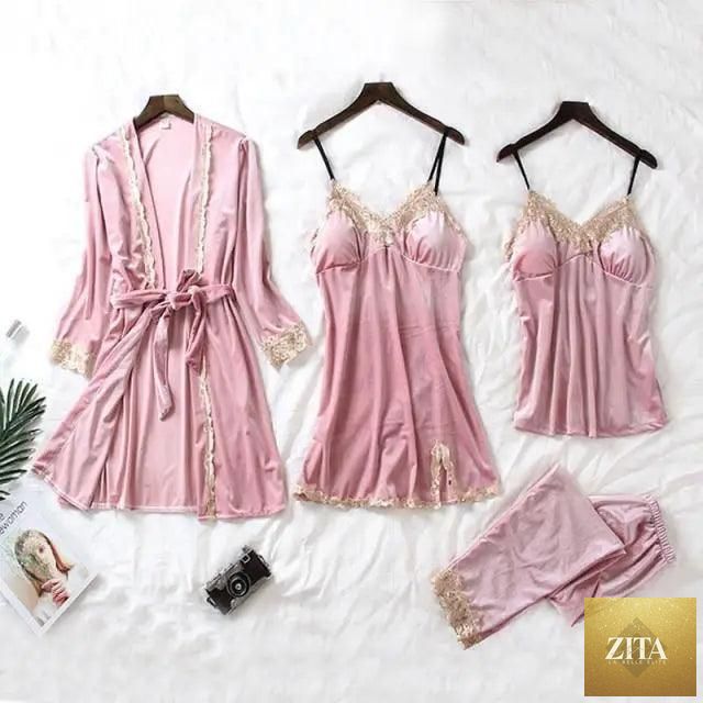 Women's Stevvex four-piece warm winter pajama set with lace robe, sleeveless nightwear, satin pants, and elegant sleepwear for women.