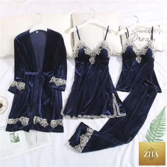 Women's four-piece winter pajamas set by Stevvex, satin sleepwear with lace robe, nightgown, and pants, stylish and comfortable.