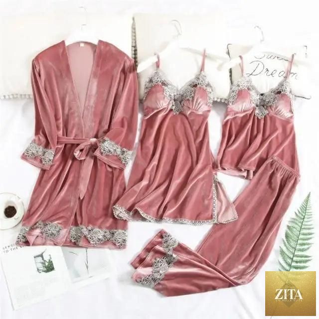 Stylish four-piece women's winter pajamas set with lace robe, satin sleepwear, nightgown, and pants, comfortable loungewear by Stevvex.