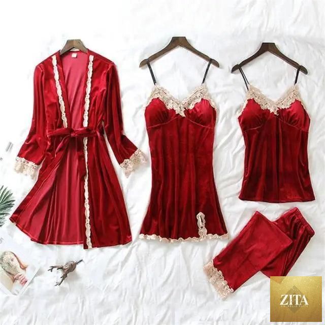 Four-piece women's winter pajamas set with satin sleepwear, lace robe, nightgown, and pants, stylish and comfortable for cozy nights.