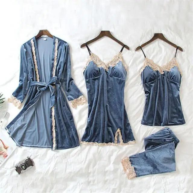 Trendy New Four Pieces Warm Winter Pajamas Sets Women Stylish Lace Robe Pajama Sleepwear Suit Sleeveless Nightwear Women's Sleepwear Set 4-Piece Women's Pajamas Elegant Comfortable Loungewear Satin Sleepwear with Robe Nightgown Pants