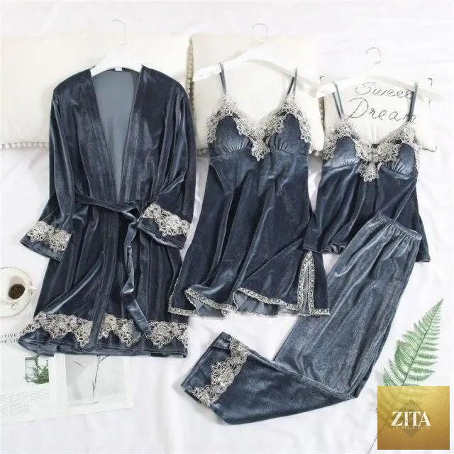 Women's Stevvex four-piece winter pajamas set with satin sleepwear, lace robe, sleeveless nightgown, and pants for comfortable loungewear.