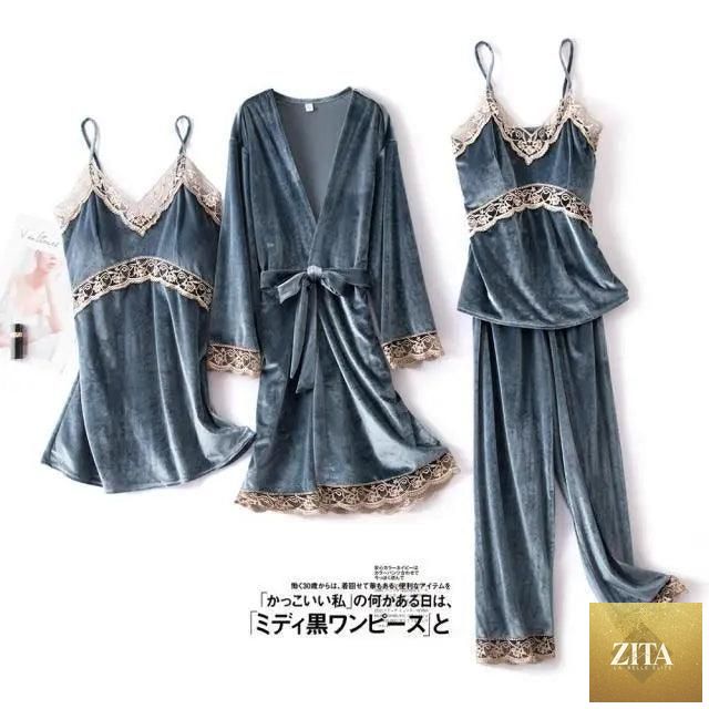Trendy Stevvex women's four-piece winter pajamas set with lace robe, sleeveless nightgown, pants, and comfortable satin loungewear.