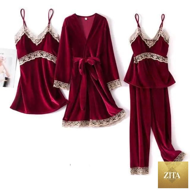Stylish four-piece women's winter pajama set with lace robe, satin sleepwear, sleeveless nightgown, and matching pants from Stevvex.