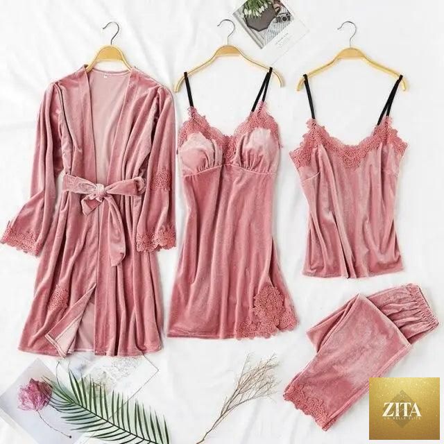 Four-piece women's winter pajamas set including lace robe, sleeveless nightgown, pajama pants, and loungewear in satin fabric.