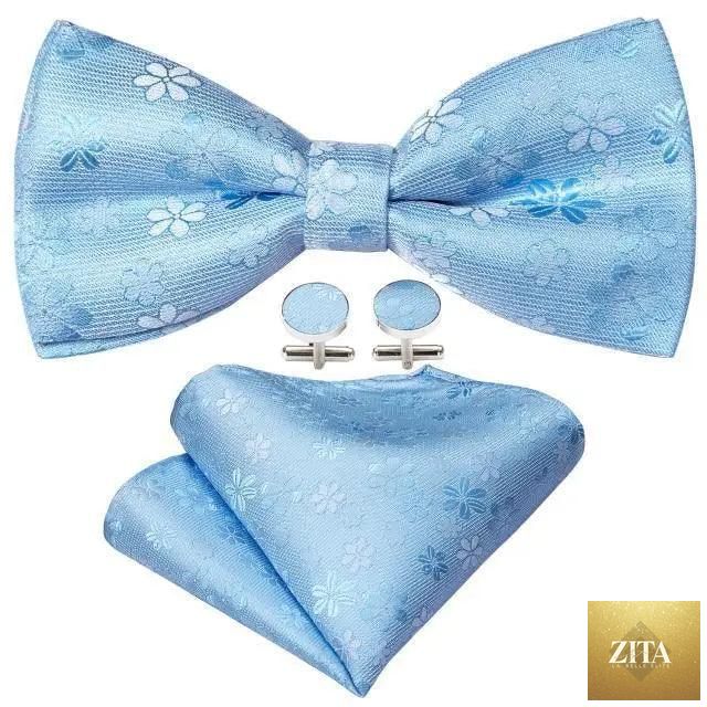 Trendy patterned silk jacquard plaid bowtie set with pocket square and cufflinks for men, ideal for weddings, parties, and business.