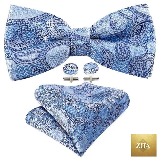 Trendy patterned silk jacquard plaid bowtie set with pocket square and cufflinks for men, suitable for weddings and formal events.