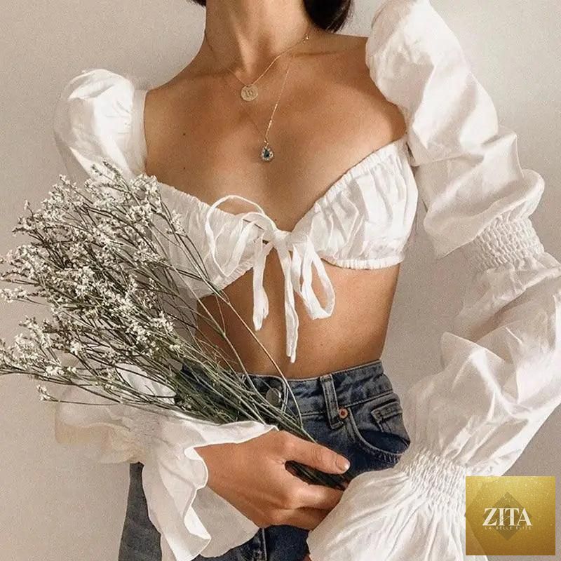Stevvex trendy summer puff long sleeve crop top with ruffles, lace-up detail, and ruched design, perfect for casual elegant styles.