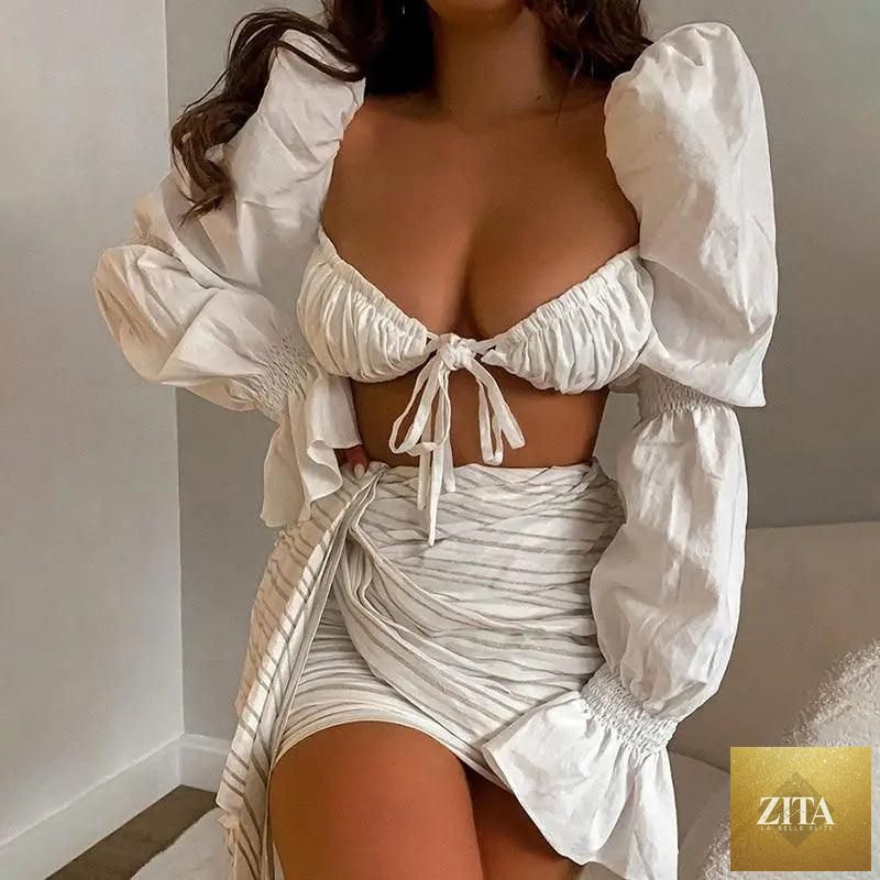 Stevvex puff long sleeve crop top with ruffle lace-up details, trendy summer casual elegant fashion shirt, stylish and cute.