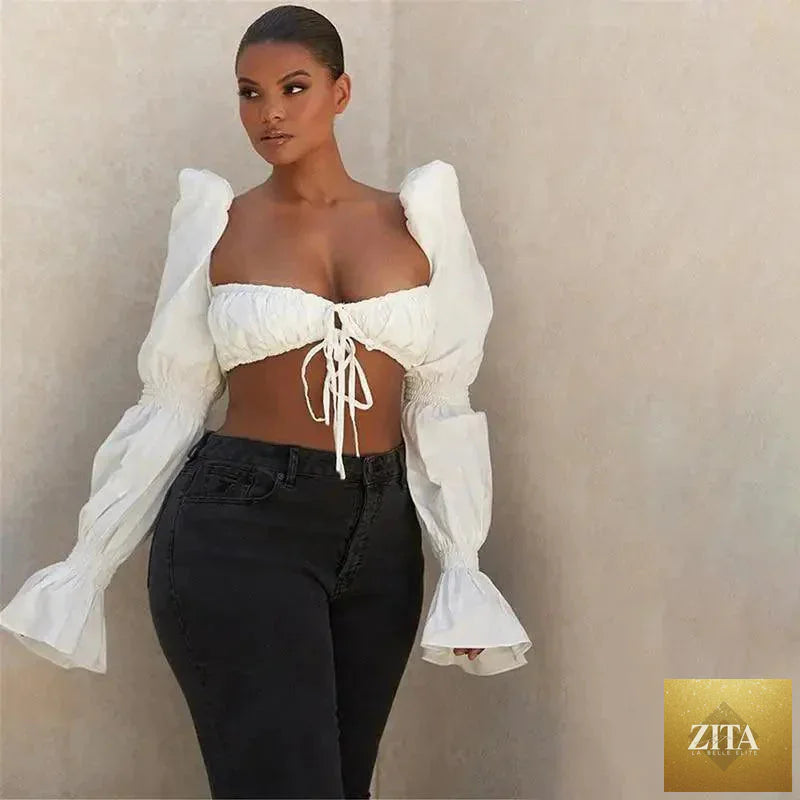 Stevvex trendy summer puff long sleeve crop top with ruffle lace-up detail, casual elegant fashion ruched design