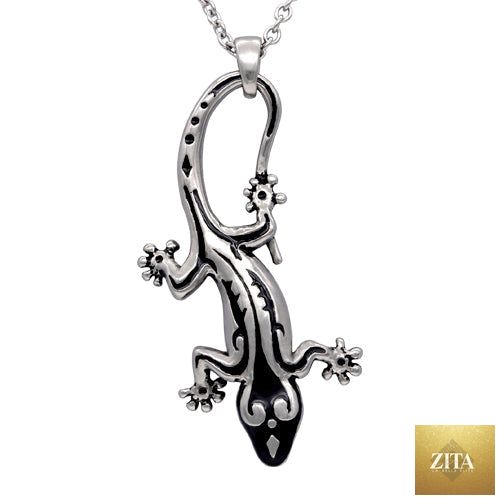 Silver tribal gecko pendant necklace featuring a boho lizard design, crafted by BandsCo Straps, perfect for bohemian jewelry style.