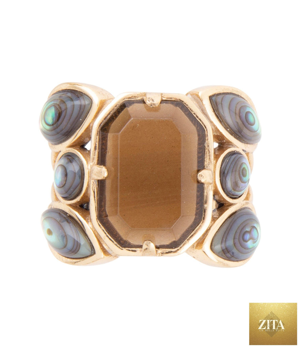 Barse Jewelry Tribecca smoky brown quartz and abalone statement golden ring, featuring intricate design and vibrant natural stone details.