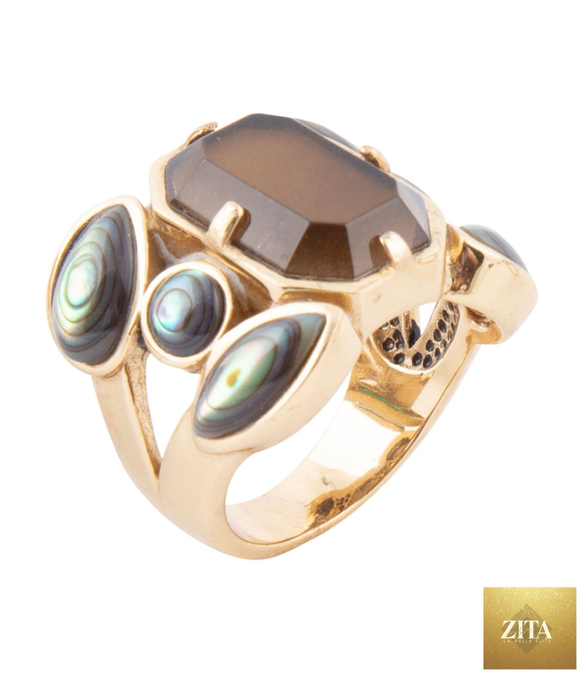 Barse Jewelry Tribecca smoky brown quartz and abalone statement golden ring showcasing intricate design and vibrant natural colors.