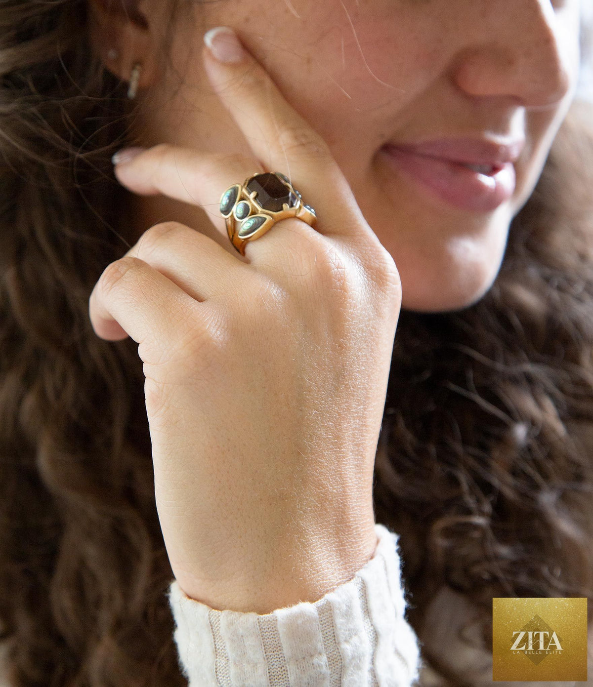 Barse Jewelry Tribecca smoky brown quartz and abalone statement golden ring showcasing intricate design and earthy tones.