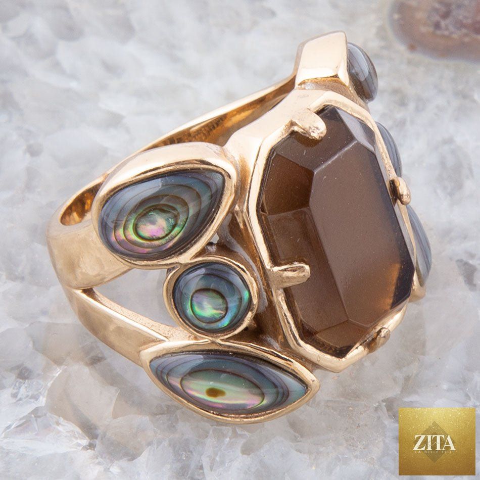 Barse Jewelry Tribecca smoky brown quartz and abalone statement golden ring showing intricate design and vibrant gemstone details.
