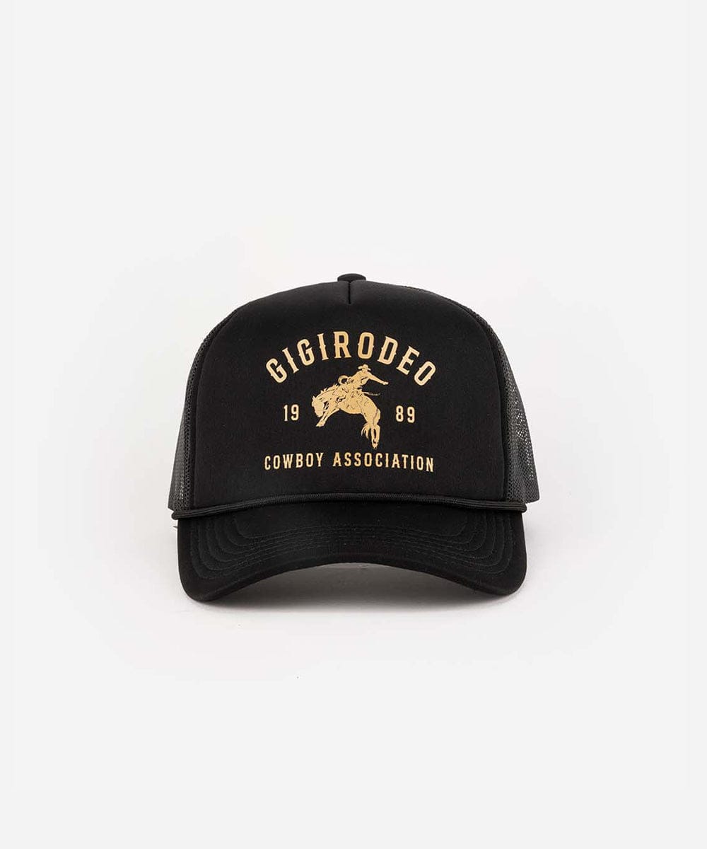 Black Gigi Rodeo Trucker Hat by GIGI PIP with mesh back and curved brim, casual and stylish for everyday wear.