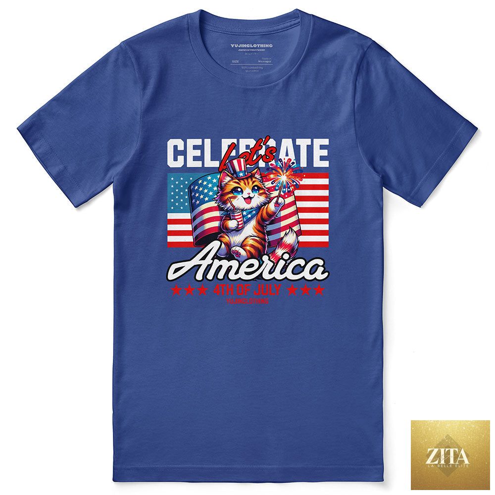 Celebrate 4th July cat T-shirt by Zita La Belle Elite featuring a festive cat graphic on a comfortable cotton T-shirt.