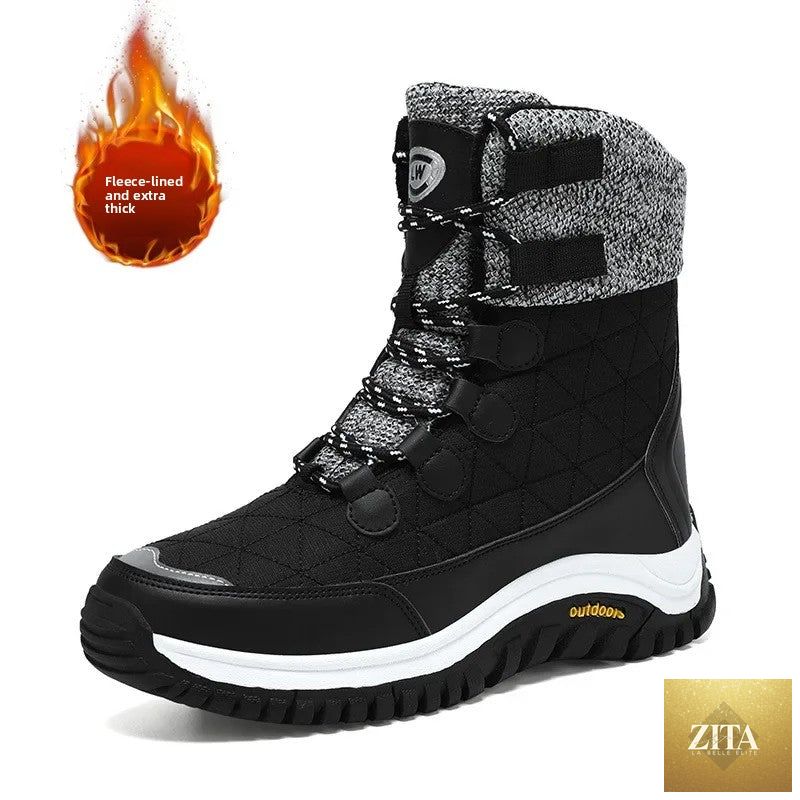 Women's fur-lined ankle snow boots for hiking by SHOMICOBOUTIQUE, showcasing the sturdy sole and cozy fur lining.