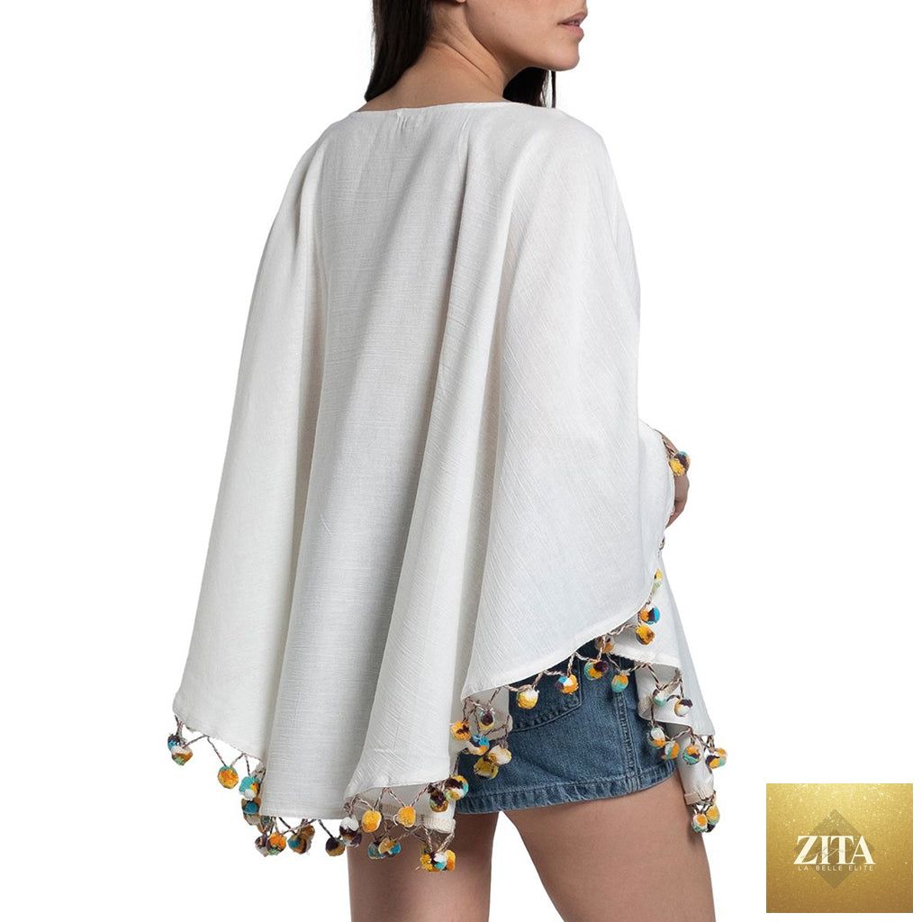 Turkish cotton pom pom tunic beach cover-up by BandsCo Straps, stylish resort swimwear with pom pom accents and a relaxed fit
