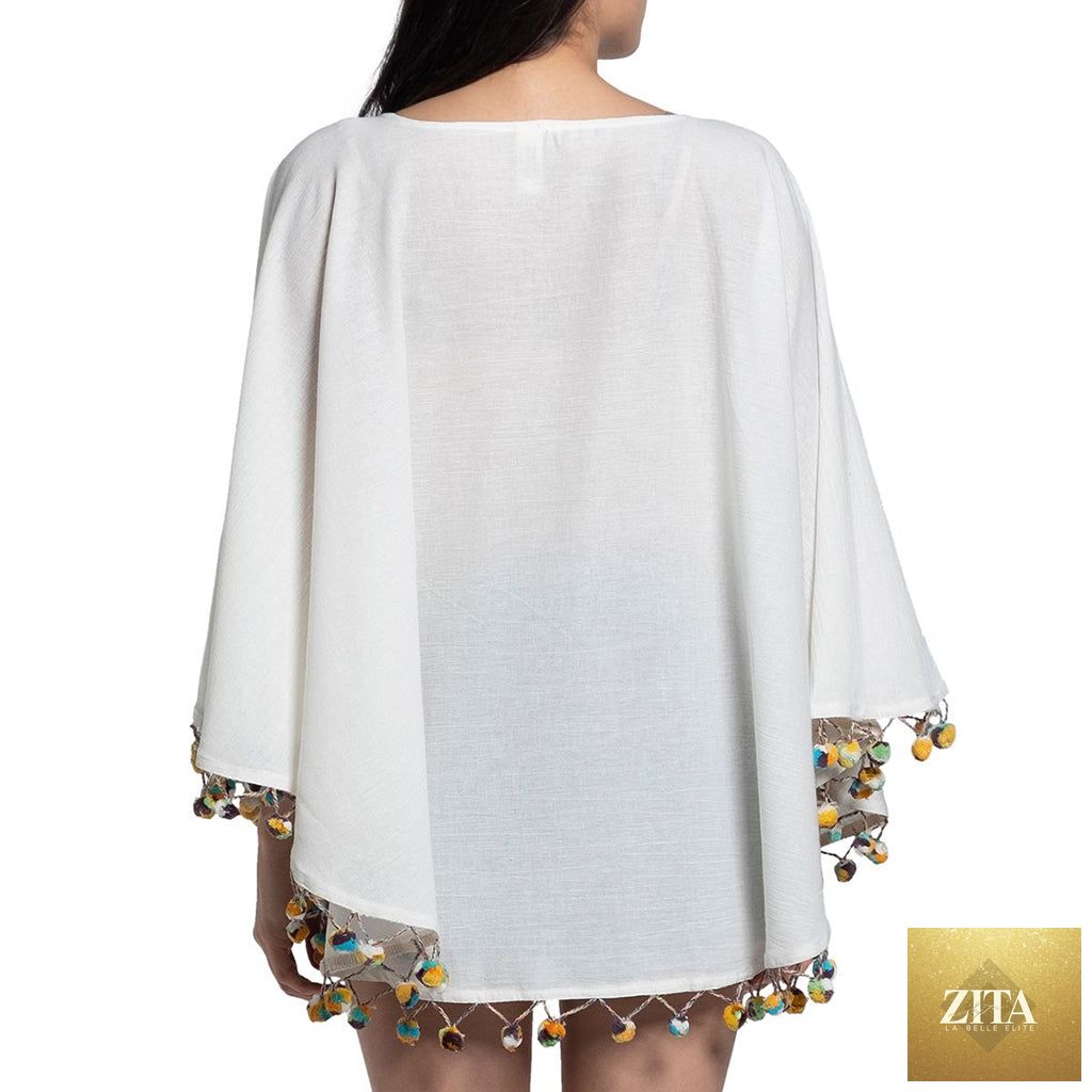 Lightweight Turkish cotton pom pom tunic beach cover-up by BandsCo Straps, featuring a relaxed fit and decorative pom pom details.