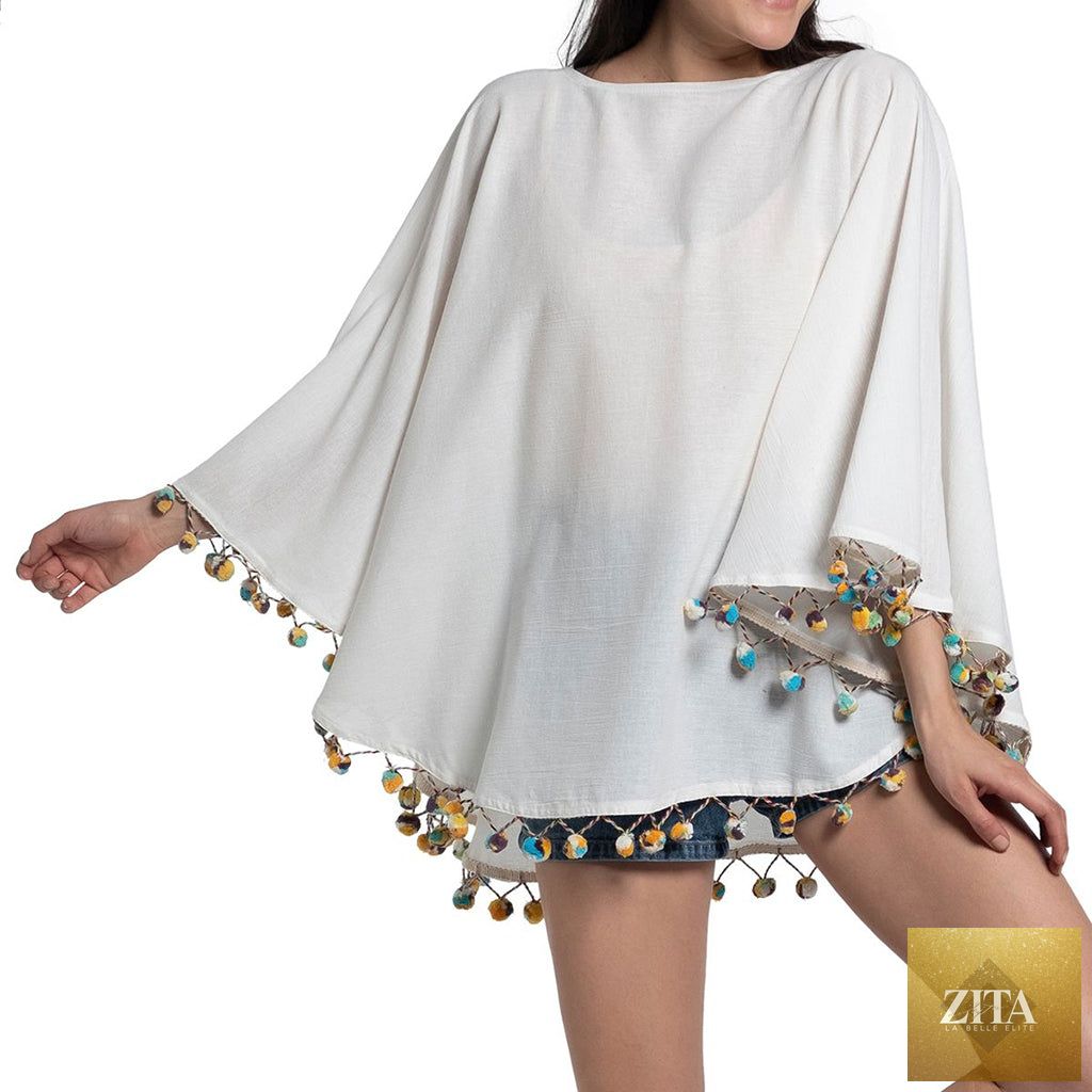 Turkish cotton pom pom tunic beach cover-up by BandsCo Straps, lightweight resort swimwear with pom pom detailing and relaxed fit.