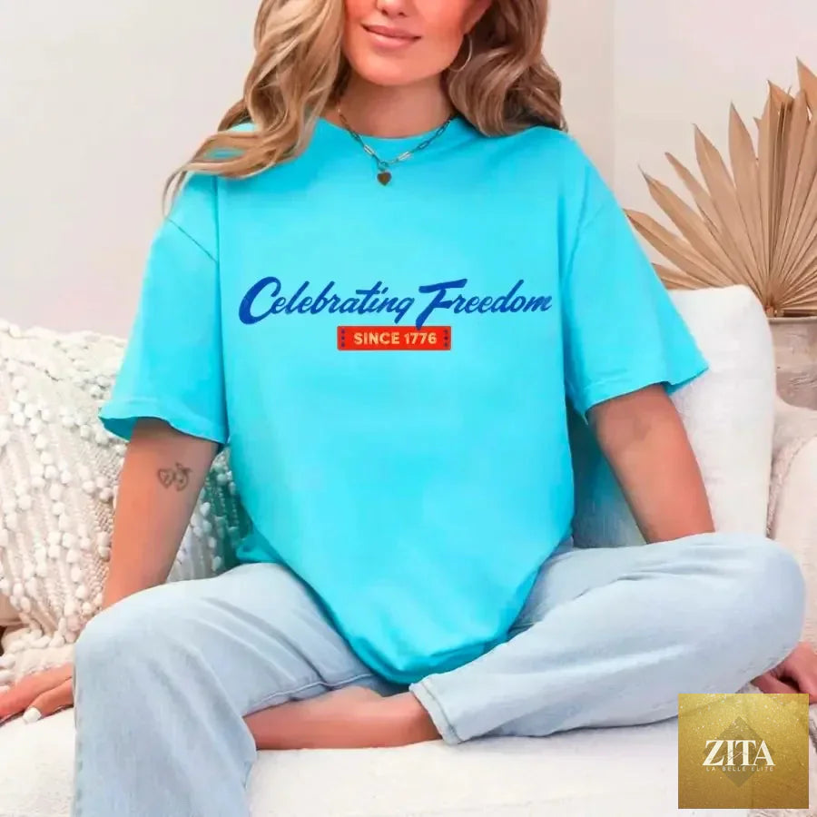 Turquoise 4th of July T-shirt by Adorb Custom Tees featuring patriotic design celebrating freedom since 1776.