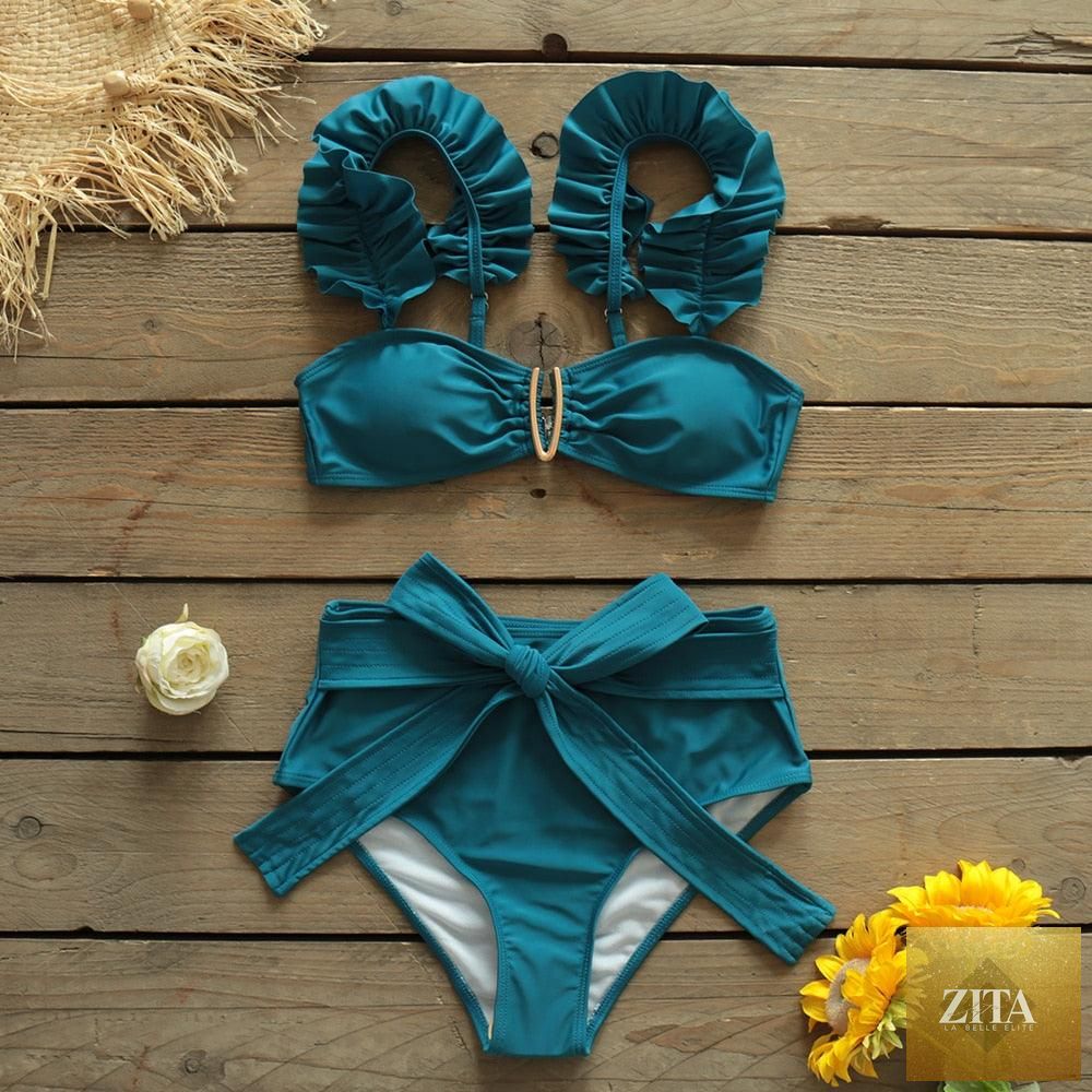 Two-piece women's bikini set with push-up padded bra, ruffles, and flounce design, featuring a low-rise bandage style in swimwear.