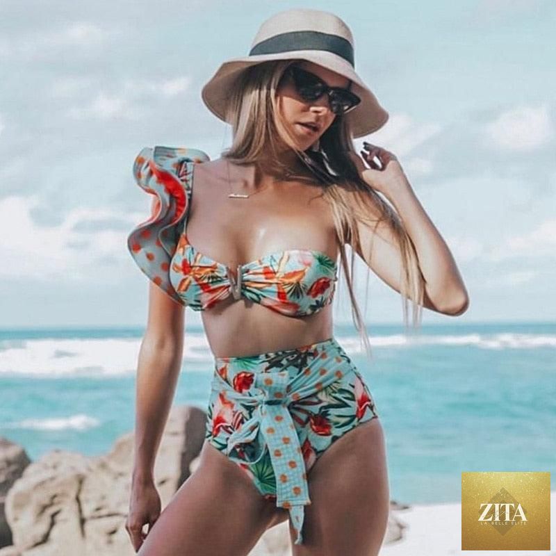 Stevvex two-piece women's push-up padded bikini set with ruffles, bandage design, low-rise bottom, perfect for beachwear and swimming.