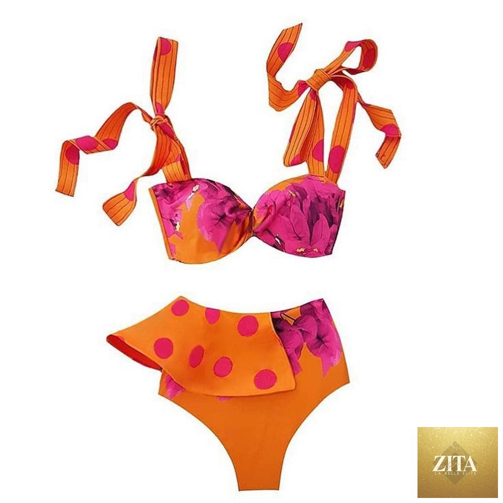 Two-piece women's swimsuit with push-up padded bra, ruffles, and low-rise bandage bikini design, by Stevvex, featuring flounce details.