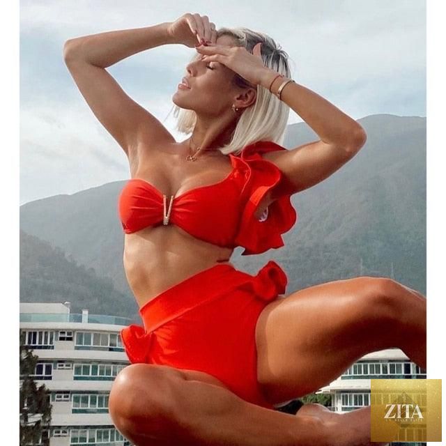 Stevvex two-piece women's push-up padded bikini set with ruffles, low-rise bandage style swimwear for beach and pool.