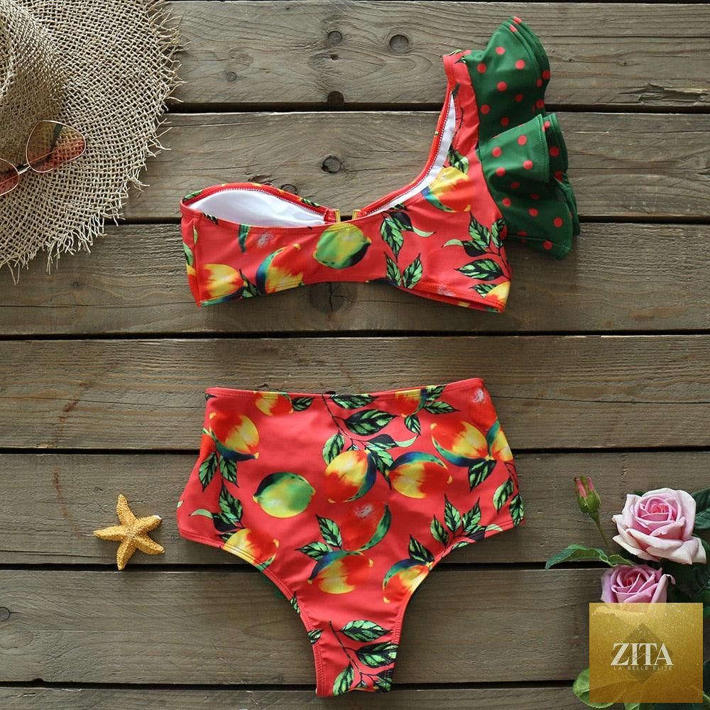 Stevvex two-piece women's push-up padded bikini set with ruffles, bandage design, low-rise style, perfect for beachwear and swimming.